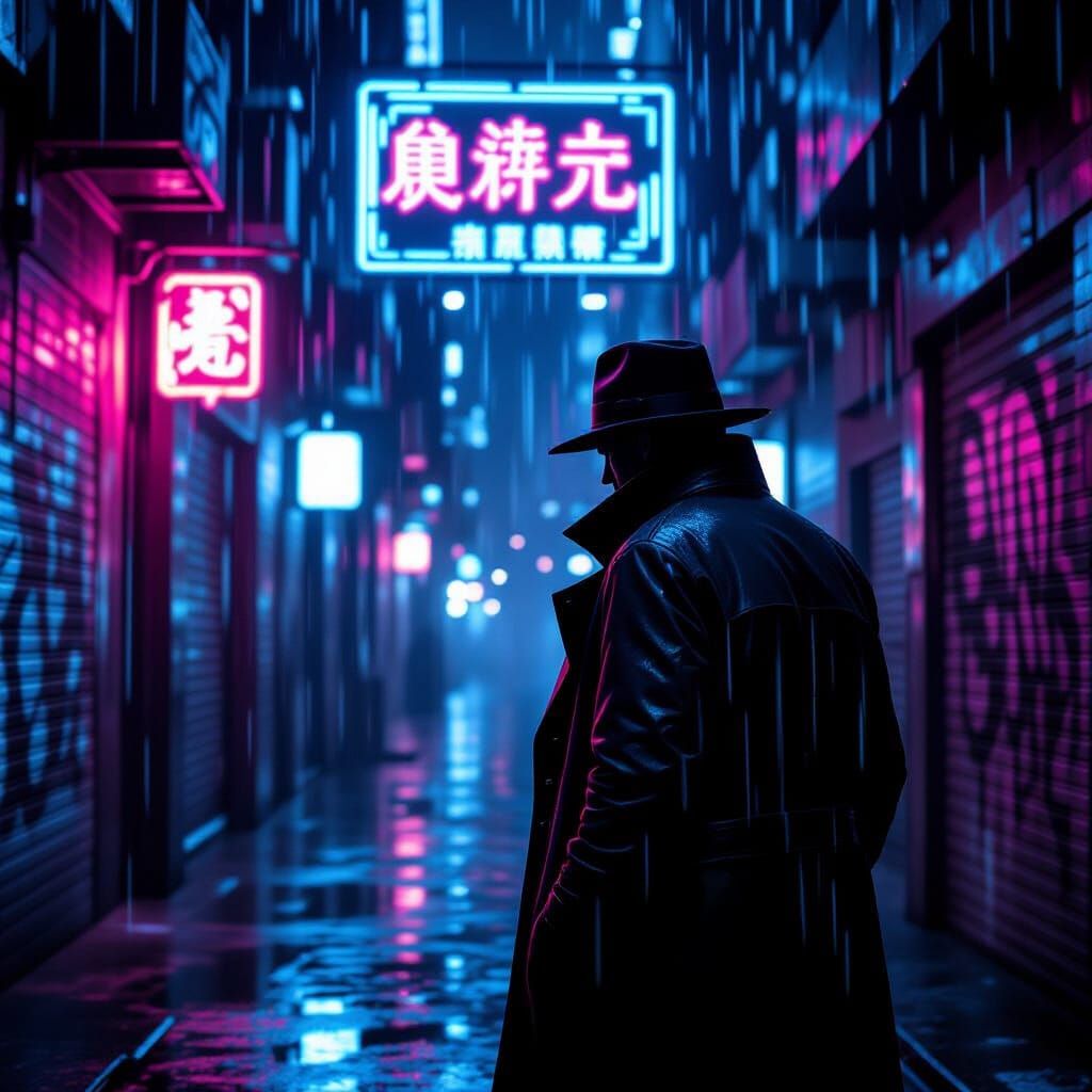 Cyberpunk Detective in Neon Alleyway
