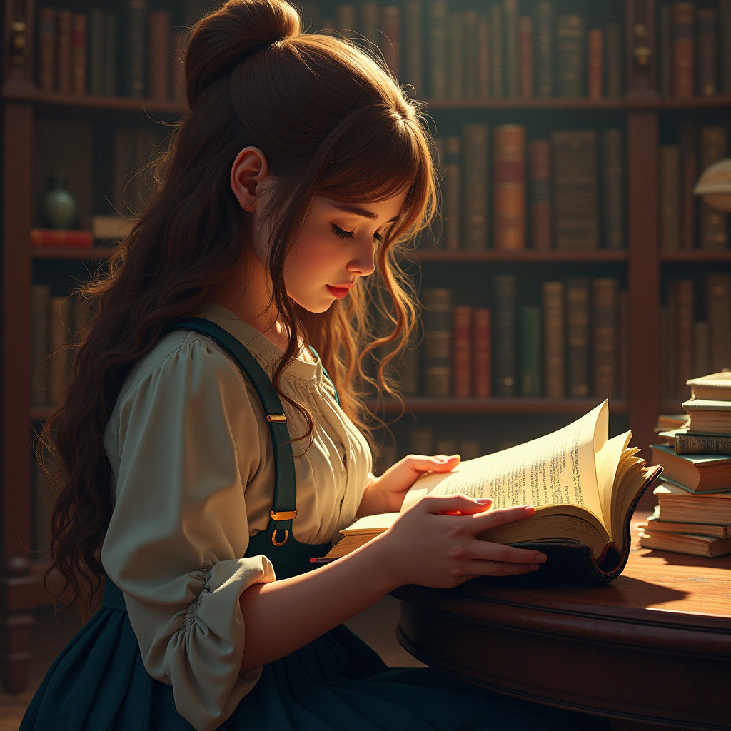 Girl Reads a Book in a Room Full of Books