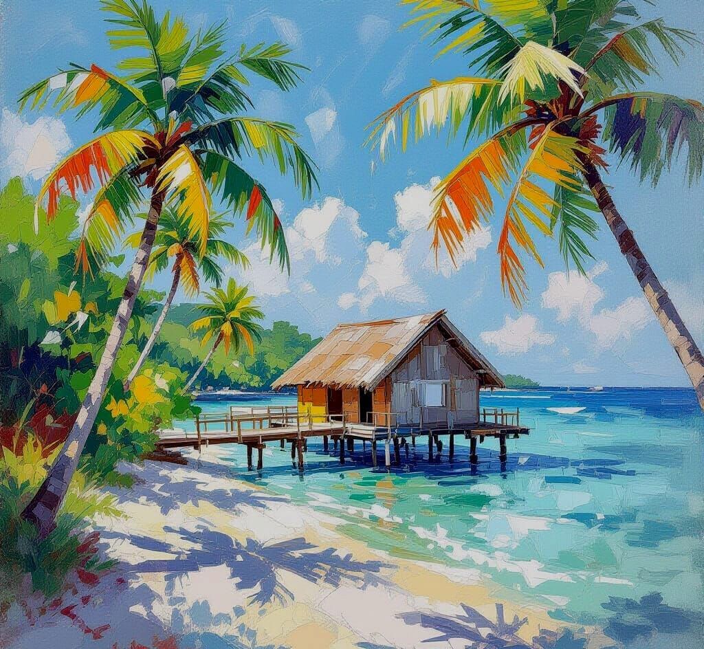 Tropical Island Paradise in Gouache Style