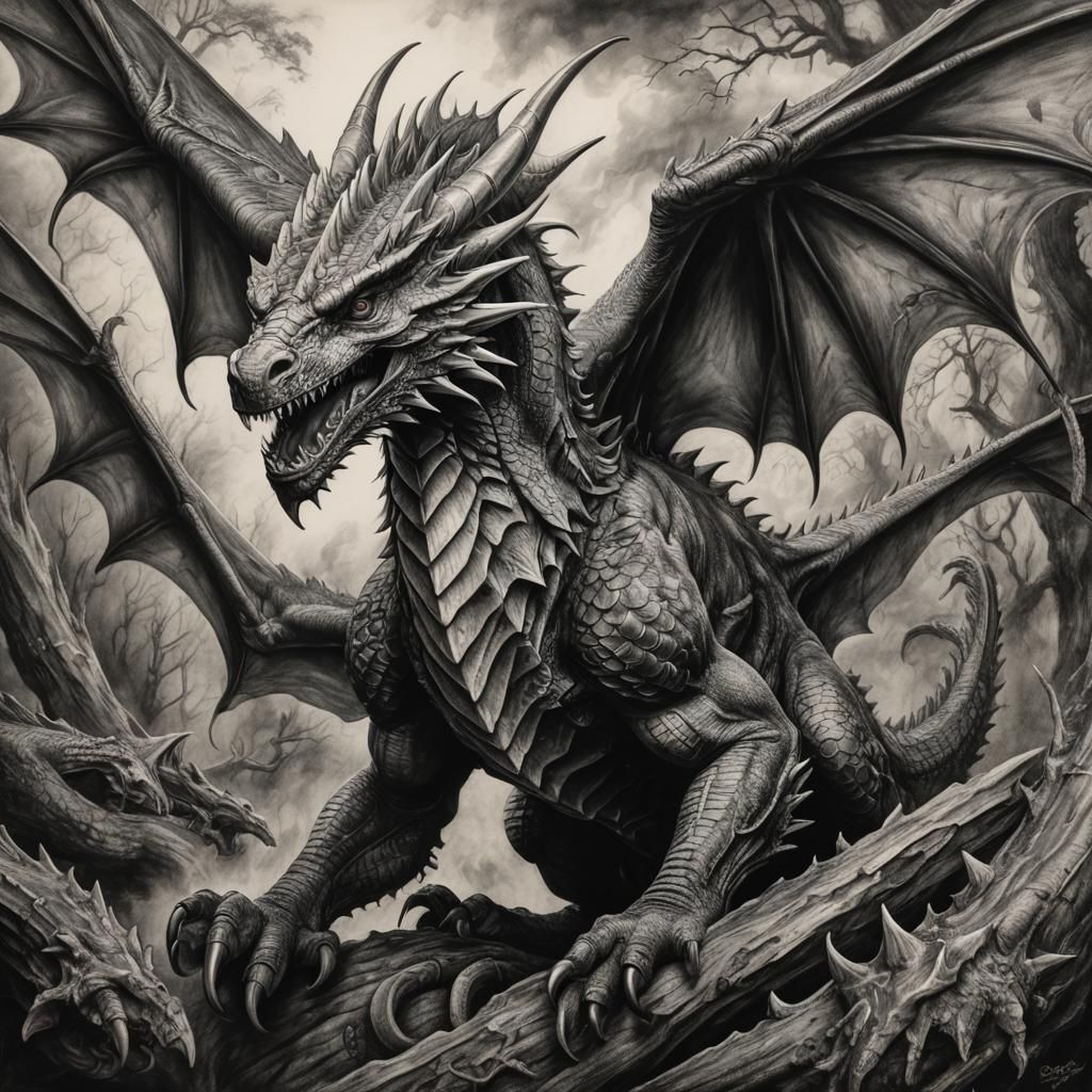 Detailed Charcoal Drawing of a Wyvern
