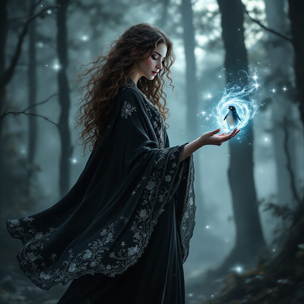 Whimsical Witch Conjures Patronus Charm in Moonlit Forest