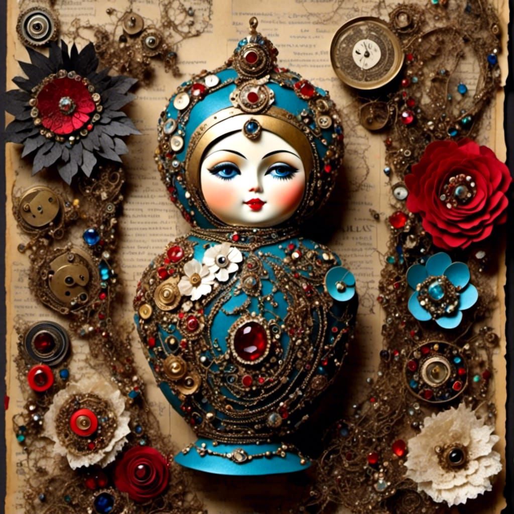 Mixed Media Russian Doll with Vintage Embellishments