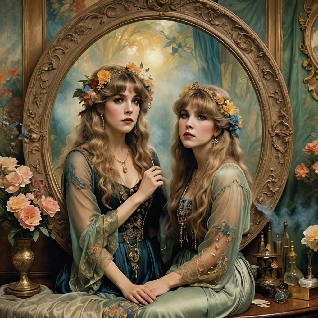 Woman Gazing into Mirror in Art Nouveau Style