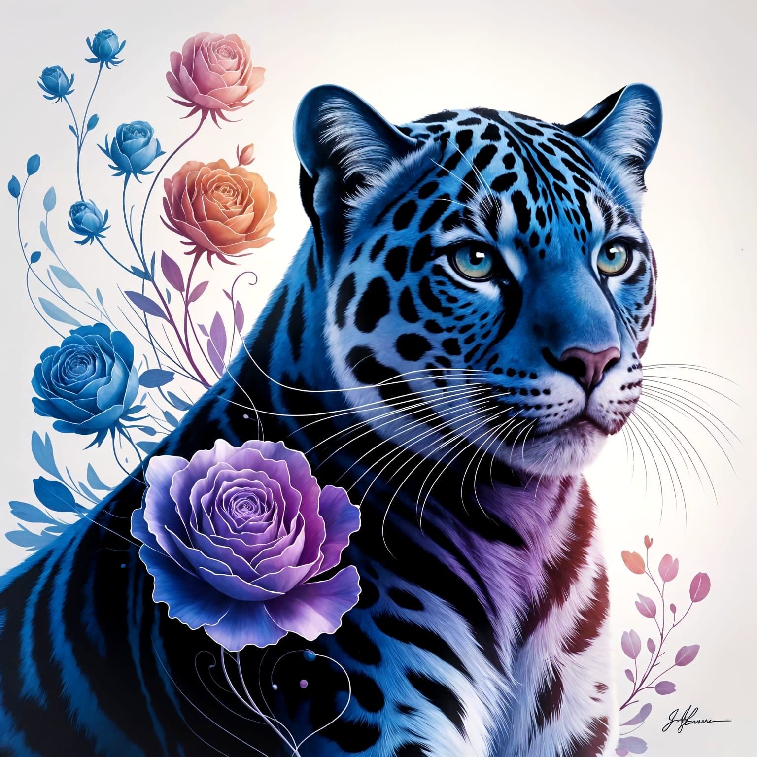 Majestic Blue Panther Portrait in Digital Ink Art