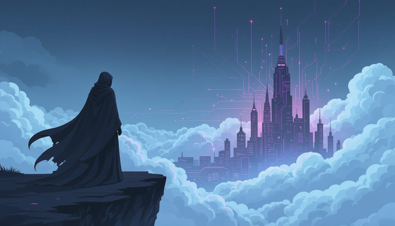 Figure Overlooking Cloud City in Dark Cyberpunk Gothic Style
