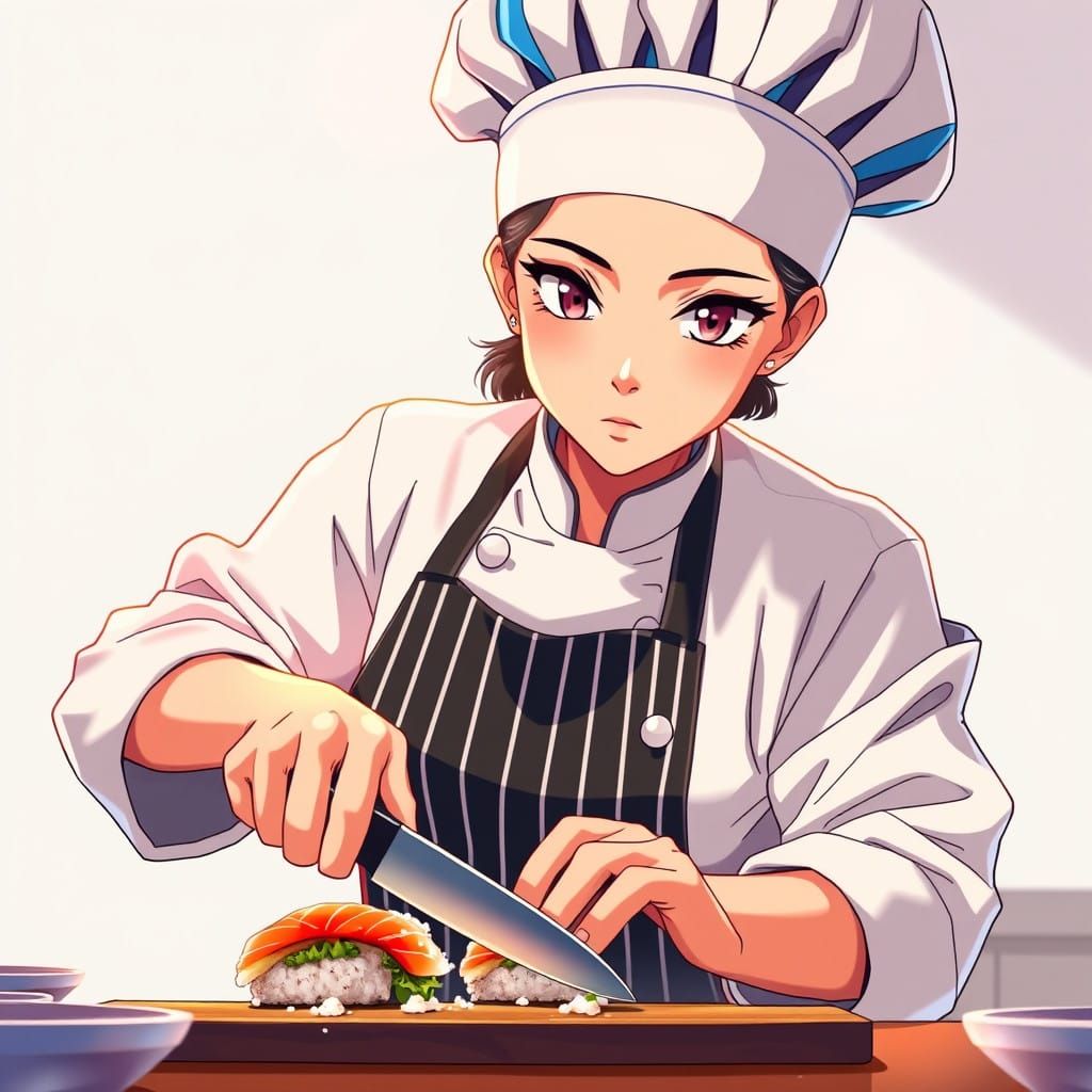 Anime-Style Female Chef in Action