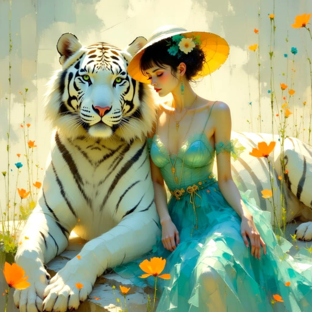 Elegant White Tiger Embraces Blue Goddess in Sun-Kissed Beac...