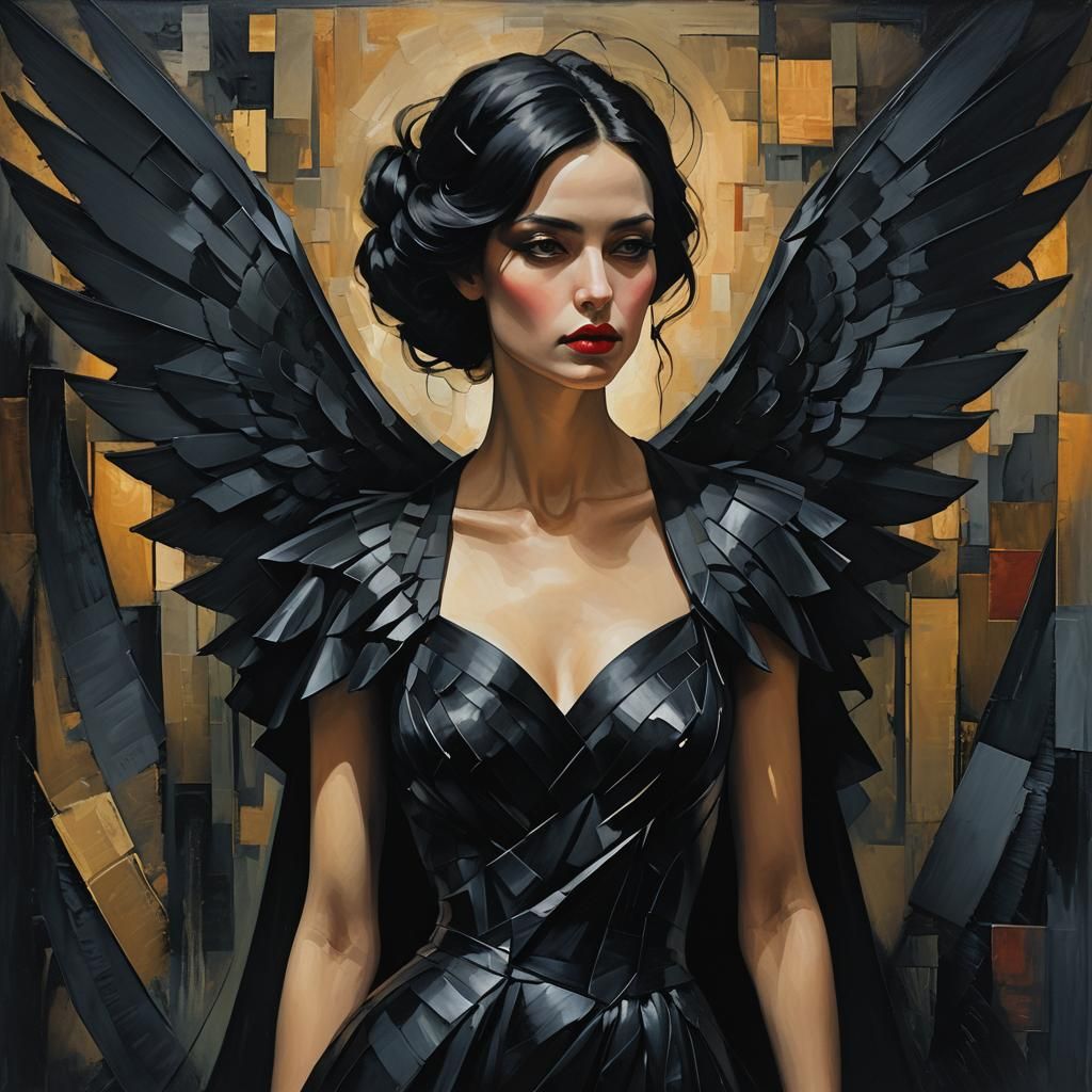 Dark-Haired Woman with Black Wings as Oil Painting