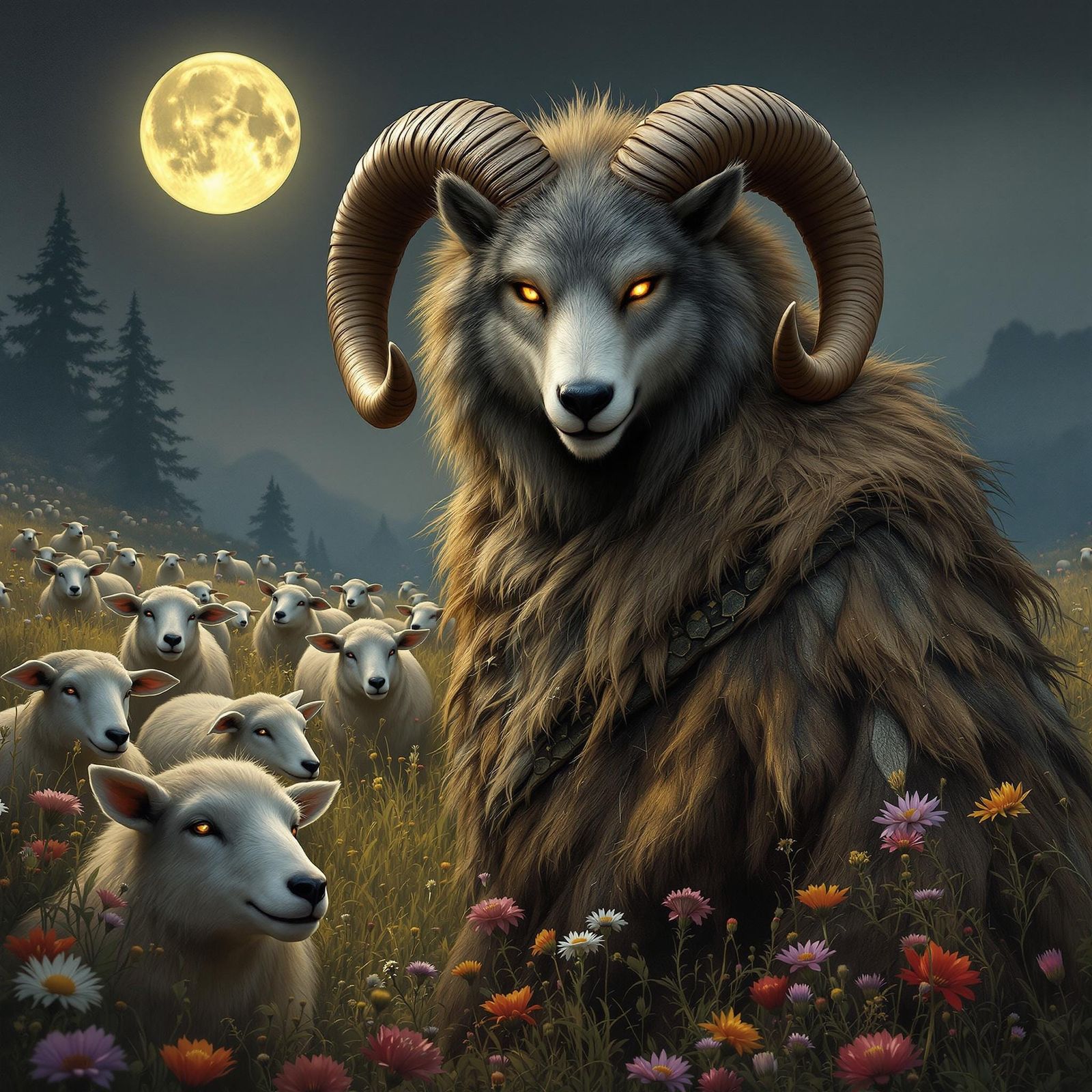 Surreal Ram in Wolf's Disguise Confronts Ewes in Lush Meadow