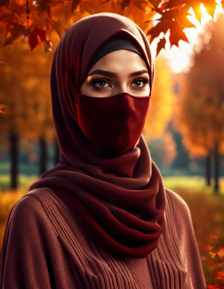 Hijabi Girl in Autumn Park, Digital Art