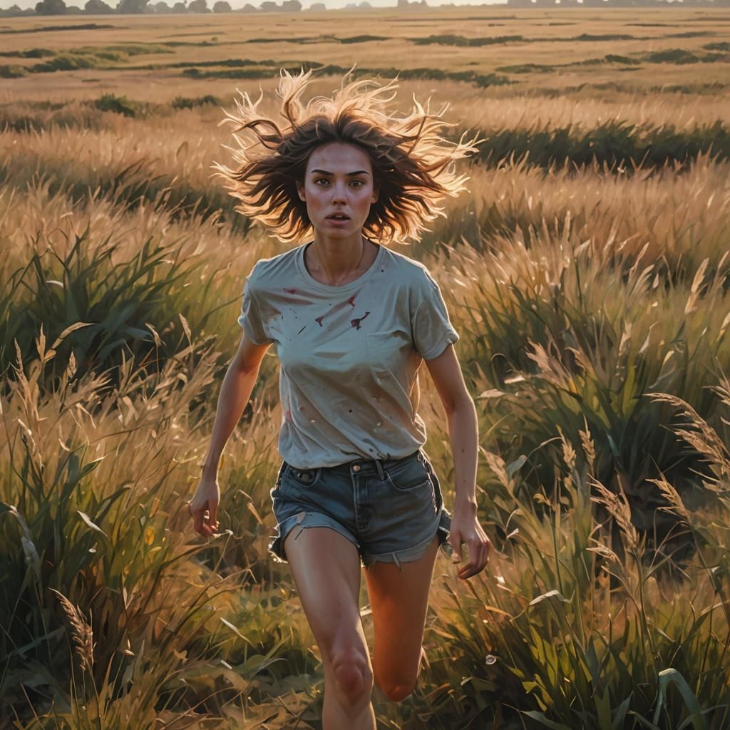 Ethereal Woman Running in Field at Dawn