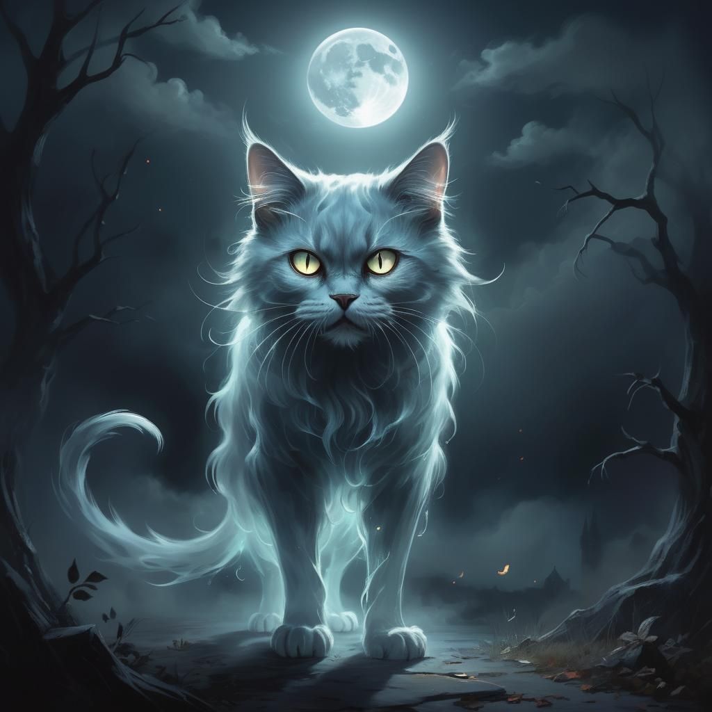Ethereal Ghost Cat Hissing in Moonlight
