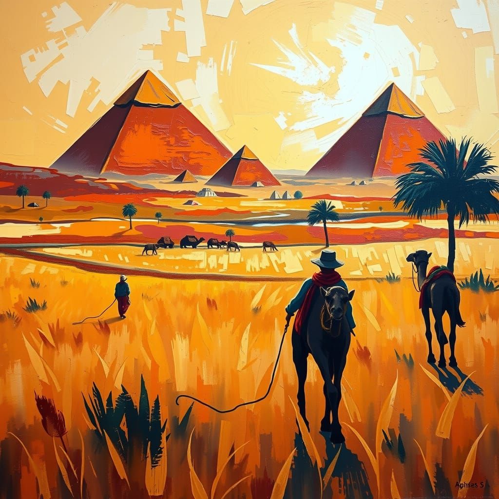 Egyptian Countryside: Abstract Expressionist Nile Farmers