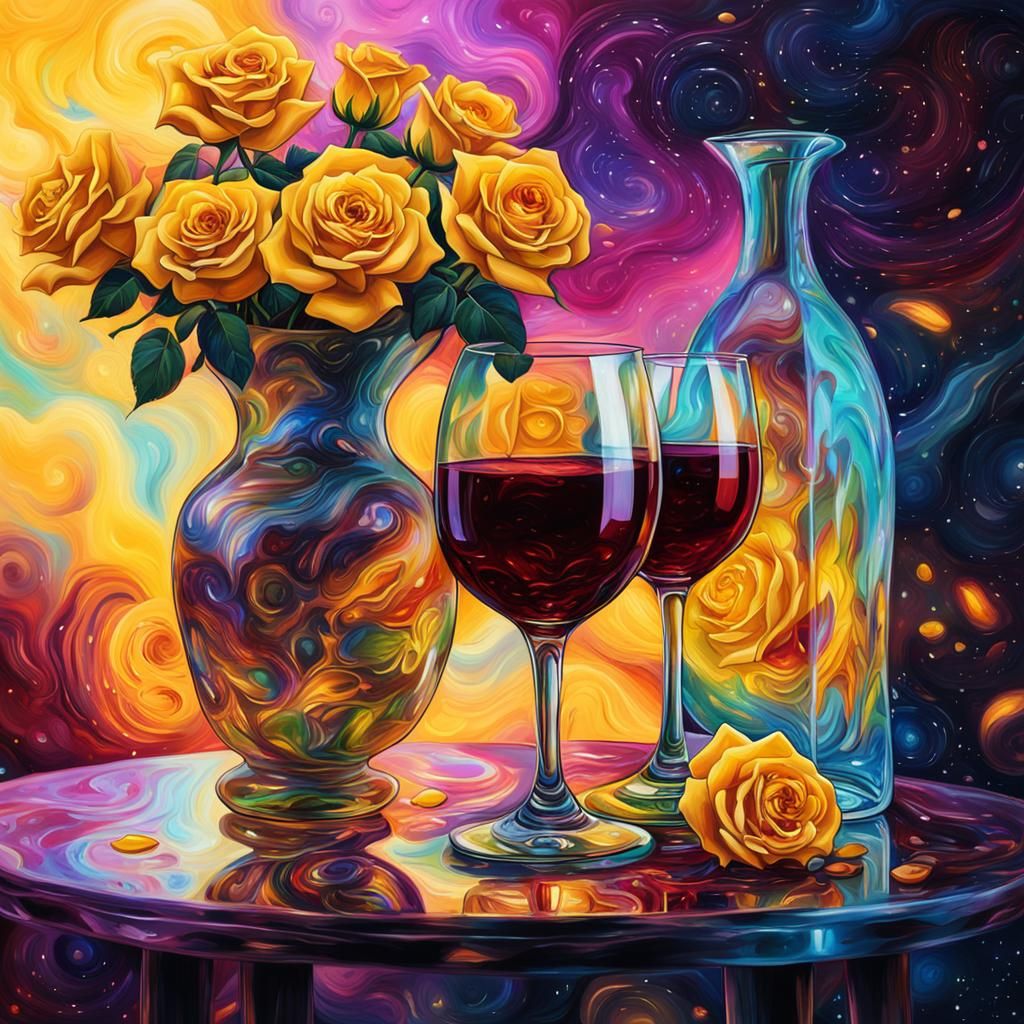 Red Wine and Roses: Holographic Astral Illustration