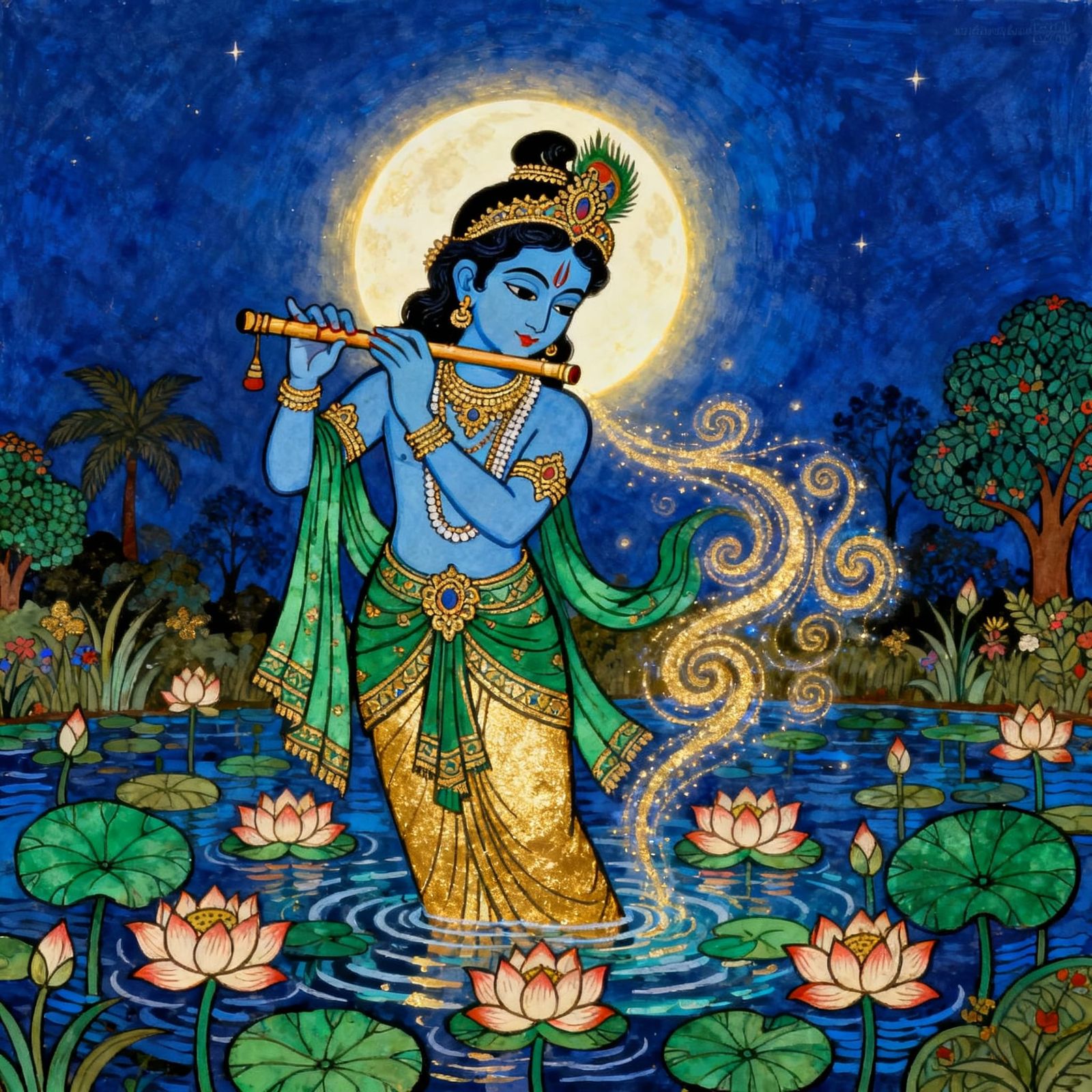 Lord Krishna in Vibrant Madhubani Art Style