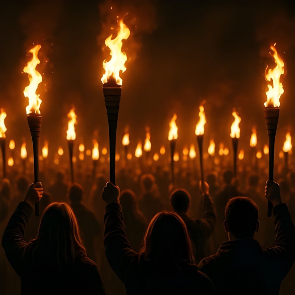 Dramatic Crowd Scene with Flaming Torches