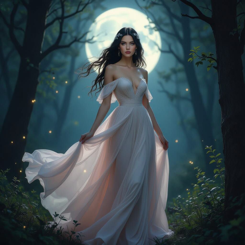 Ethereal Woman in Moonlit Forest Fantasy
