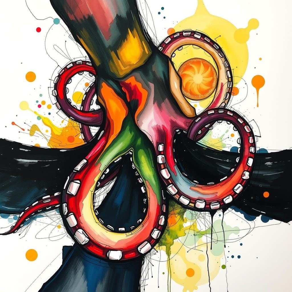 Abstract Neo-Expressionist Drawing in Cubism Style