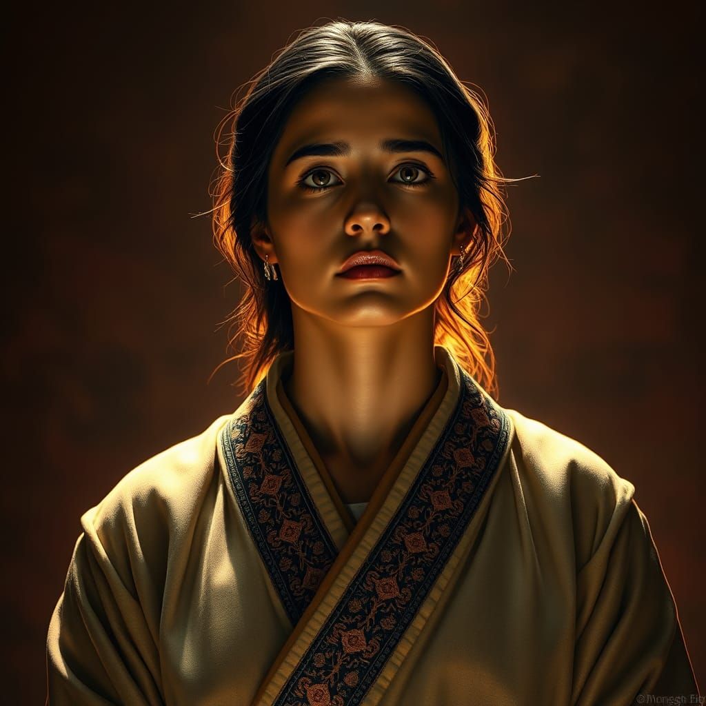 Woman in Embroidered Robe with Dramatic Lighting