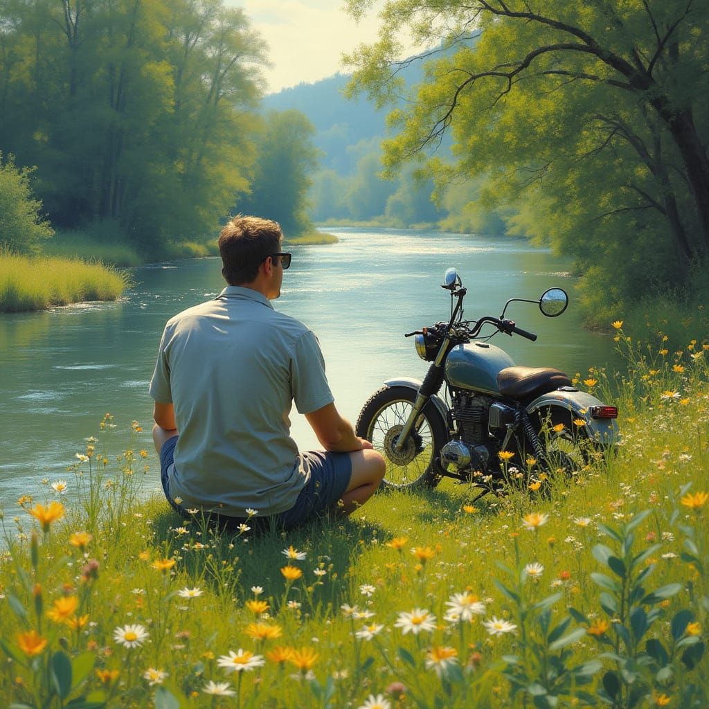 Cyclist in Impressionist Style, Seated by Serene River