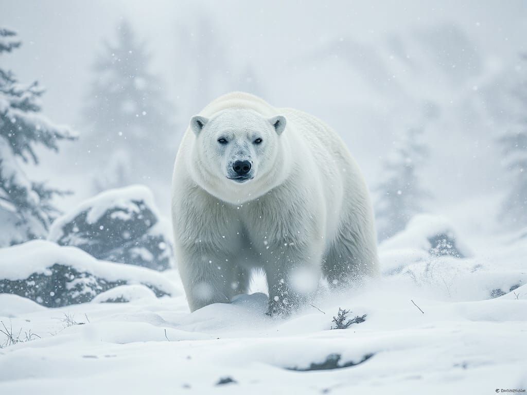 Monochromatic Polar Bear in a Serene Snowstorm, Futuristic C...