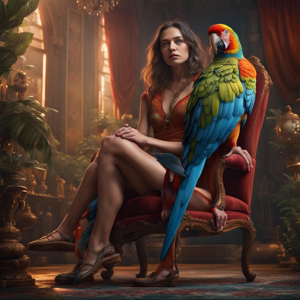 Parrot on Woman's Feet: Detailed Matte Painting