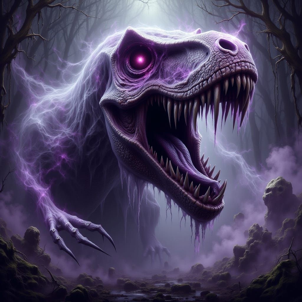 Ethereal T Rex Ghost Rises from Ancient Bones in Dark Fantas...