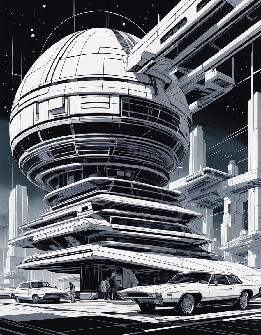 Retro Sci-Fi Arcology in Black Line Art