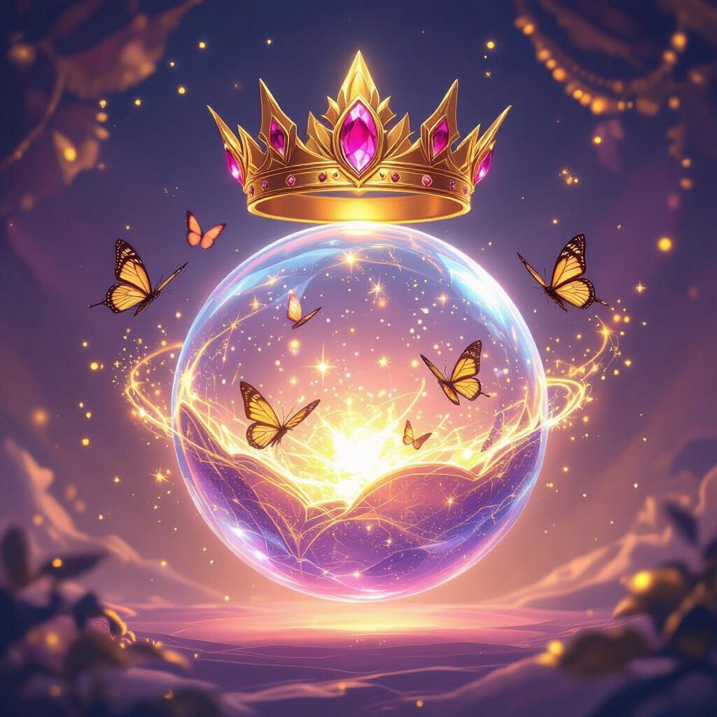 Magical Orb With Crown and Butterflies, Matte Painting Style