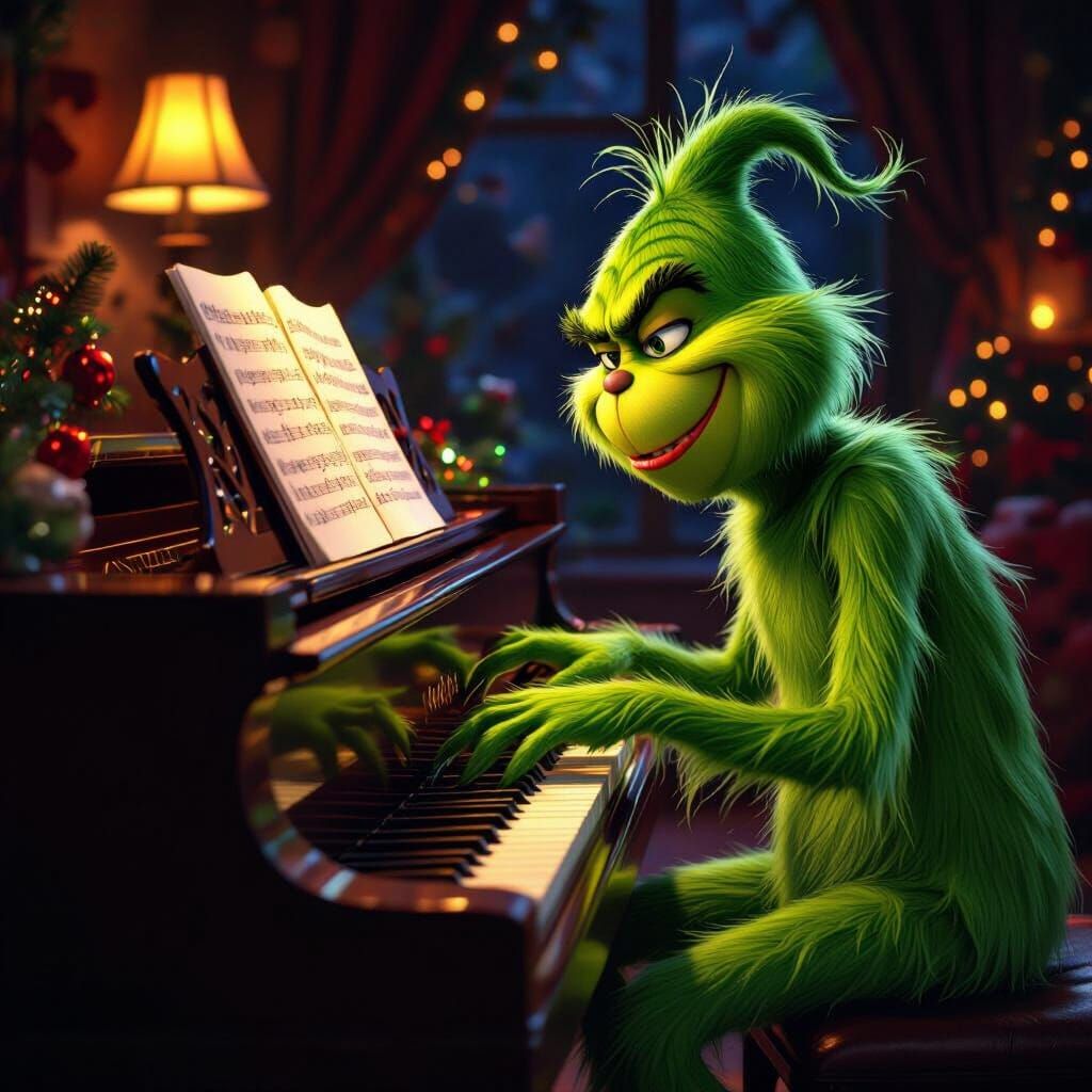 The Grinch Plays Piano in Cozy Christmas Room