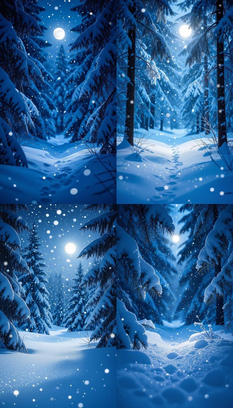 Blue Snowy Forest At Night With Falling Snowflakes