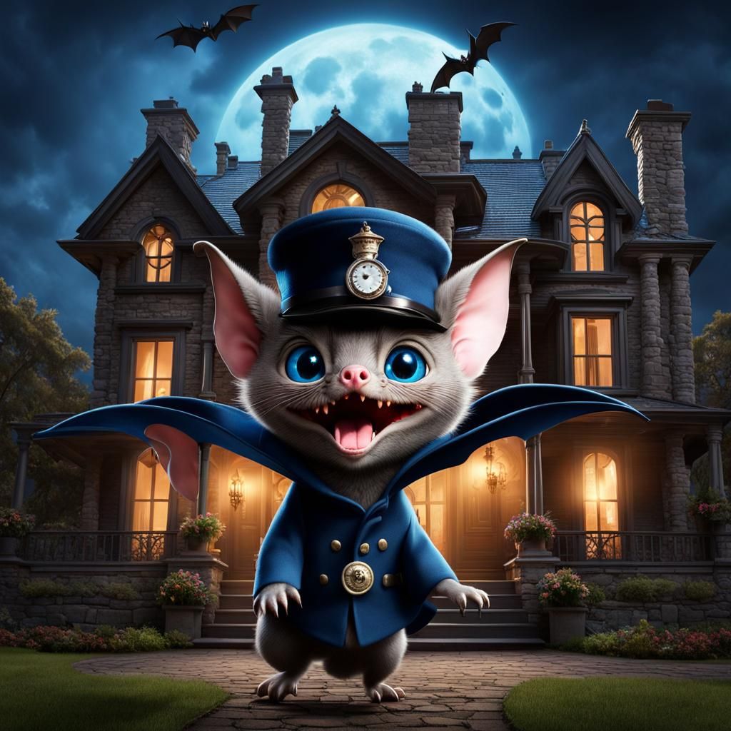 Cartoon Vampire Bat Conductor in Front of Haunted House