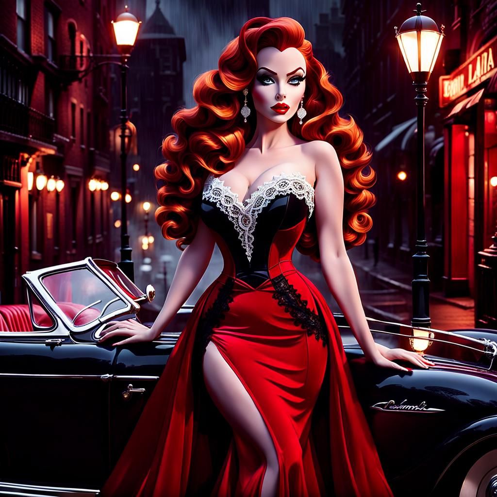 Jessica Rabbit Standing By Her Vintage Red Convertible Cadillac