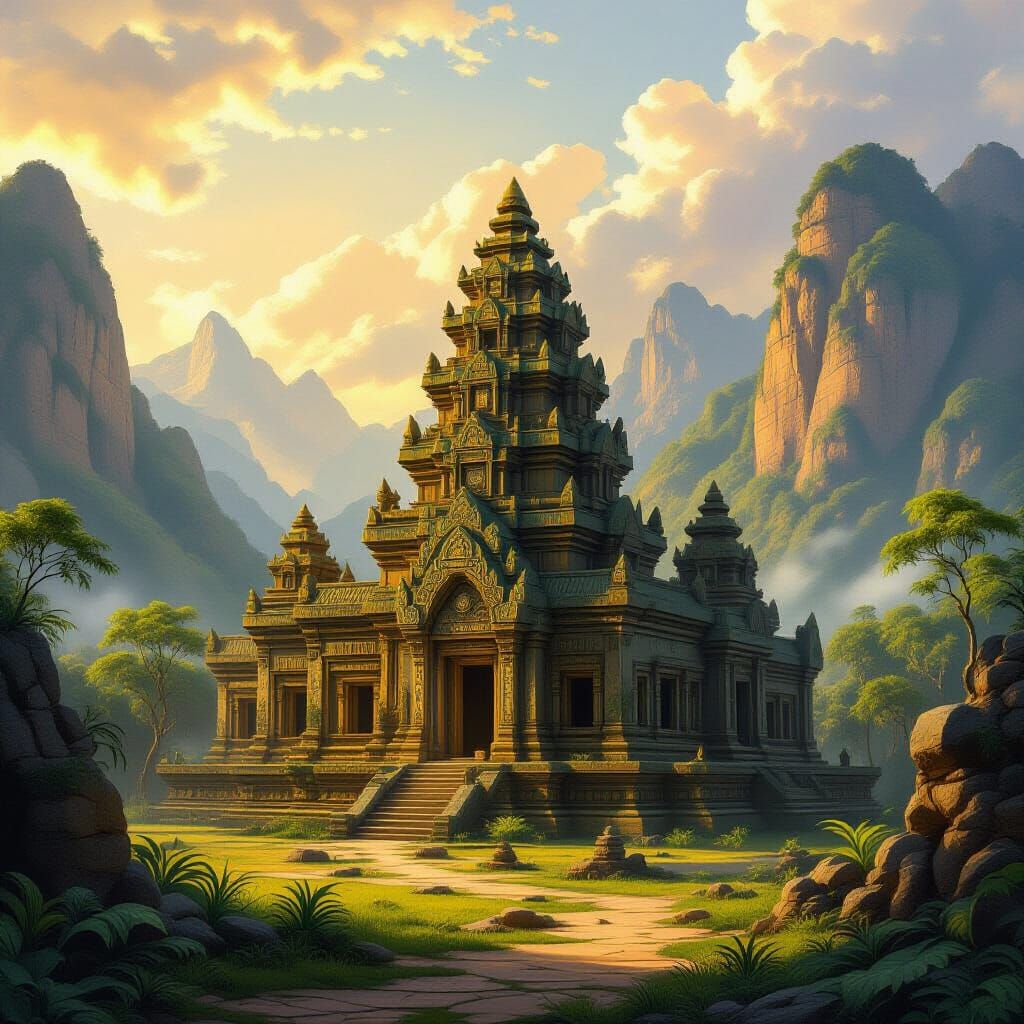 Ancient Alien Temple in Golden Light, Painterly Style