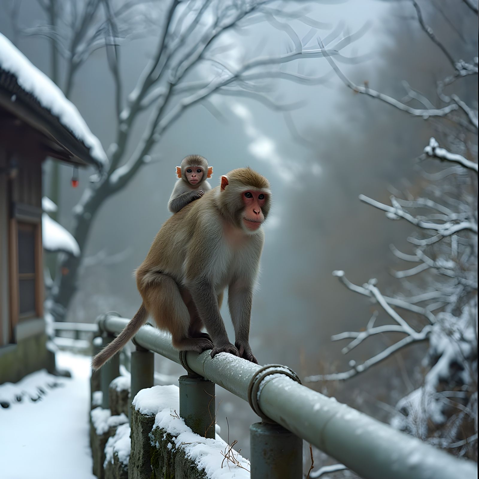 Japanese Macaques in Winter Mountain Village