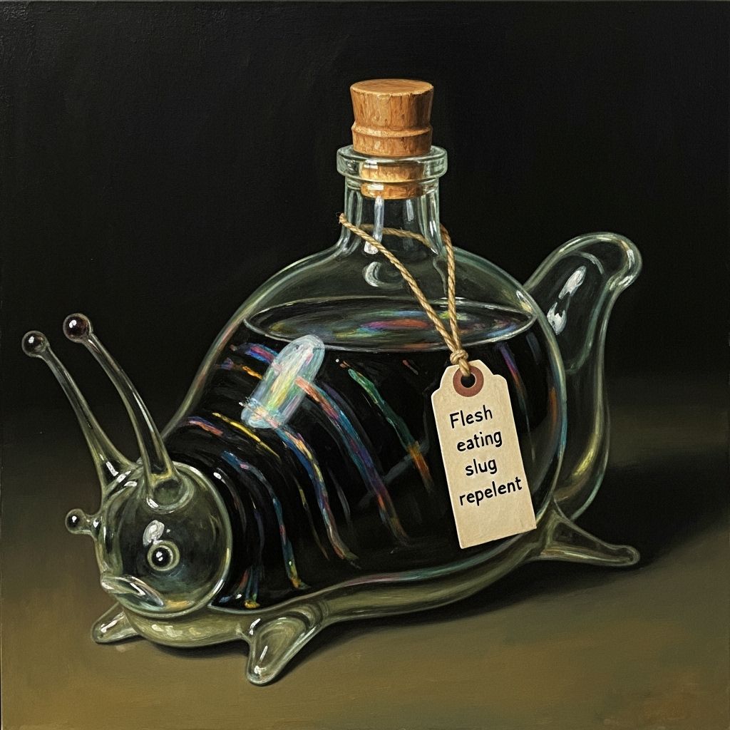 Oil Painting of Slug-Shaped Bottle with Black Oil