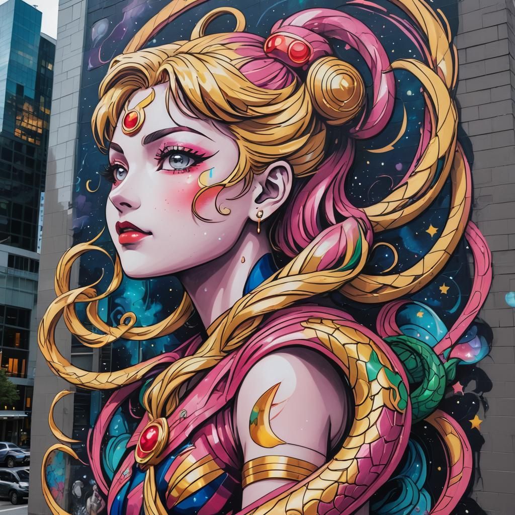 Sailor Moon Serpent Mural: Vibrant Street Art