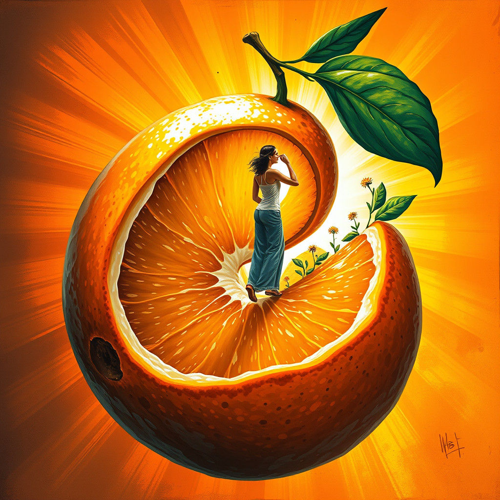 Woman's Journey on Unwinding Orange Peel: Digital Art