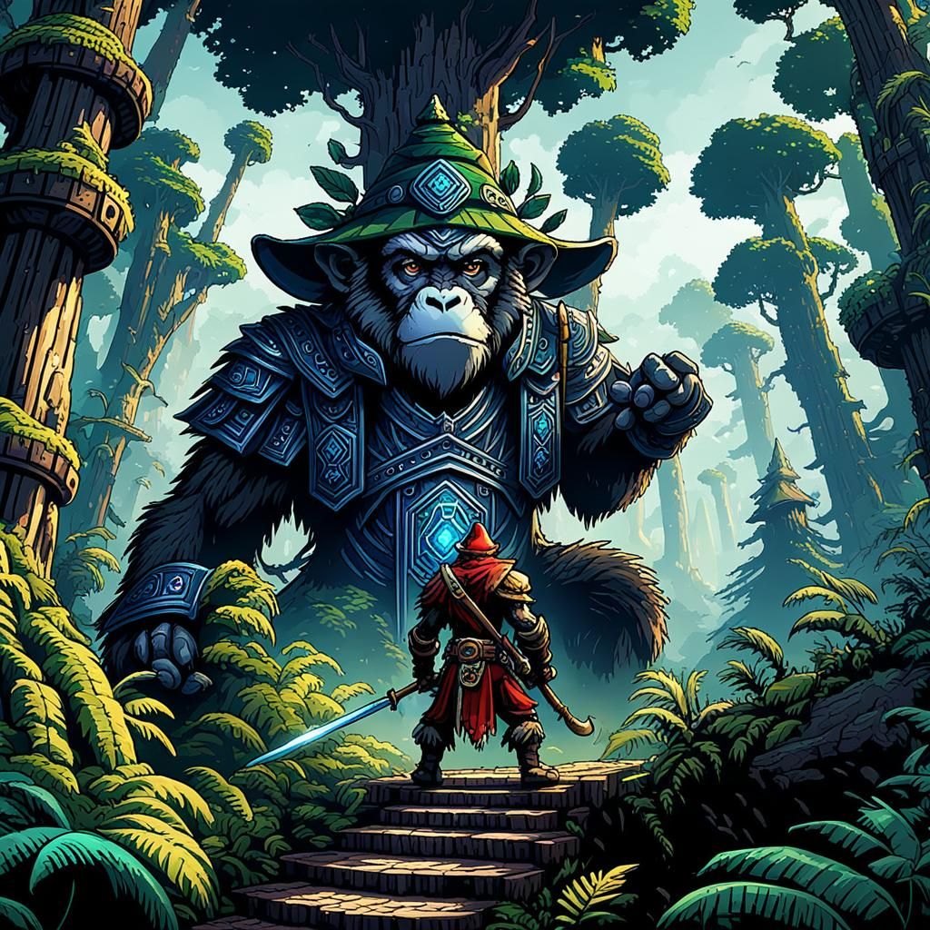 Monkey Wizard Warrior in 8-Bit Pixel Art