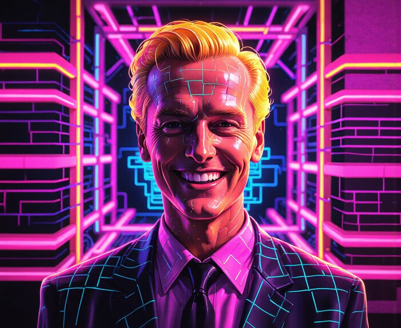 Max Headroom in Cyber Grid Space with Neon Retro Style
