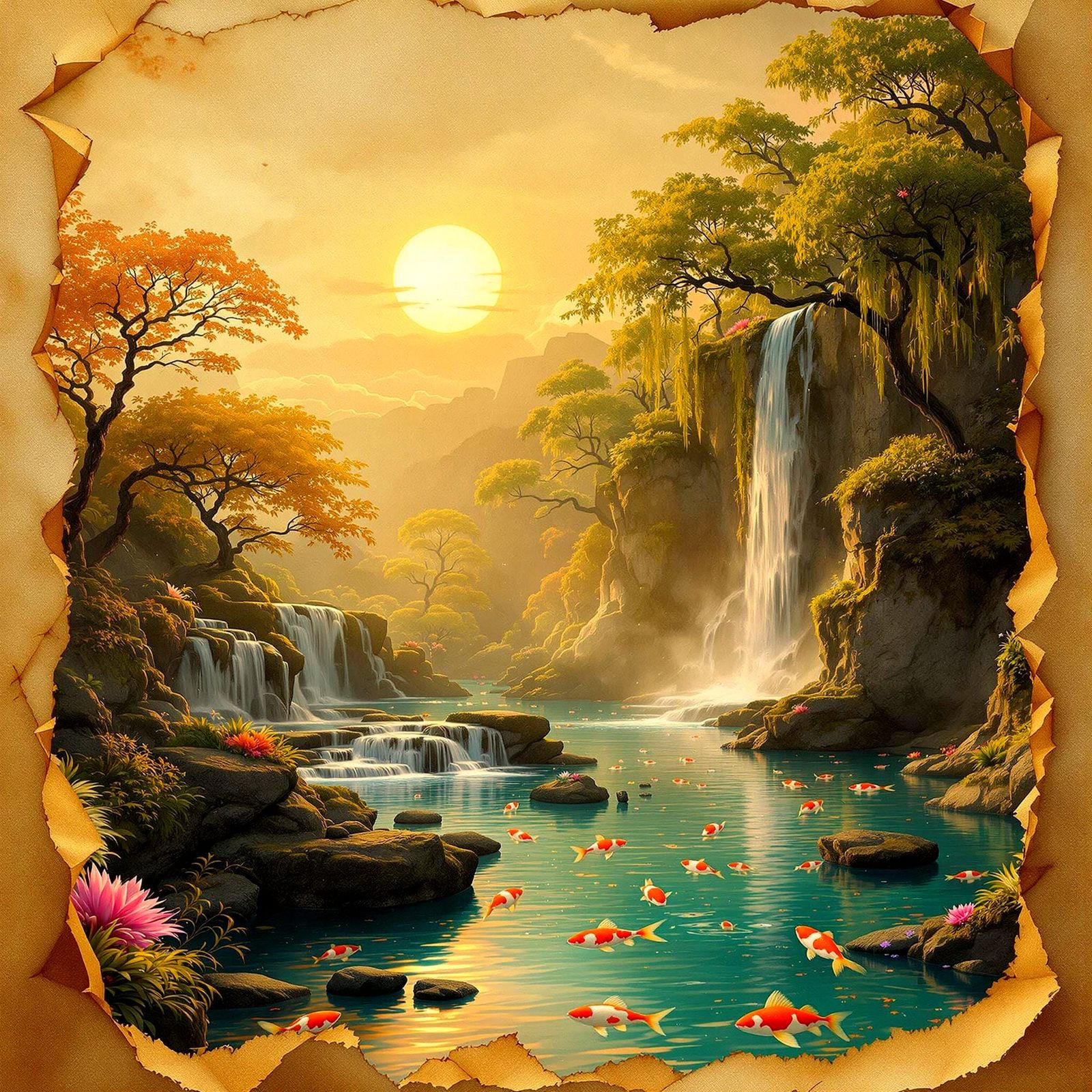 Shinto Sunset on Ancient Parchment