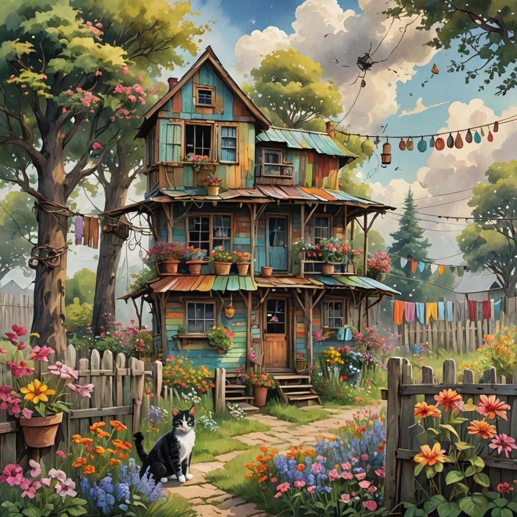 Whimsical Ramshackle Hut in Watercolor Style