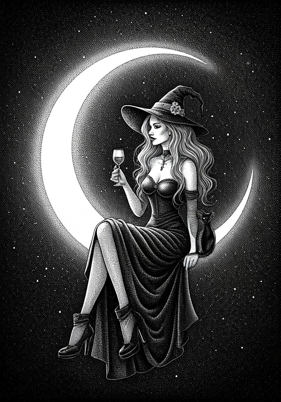 Mystical Witch on Moon in Pen and Ink Pointillism
