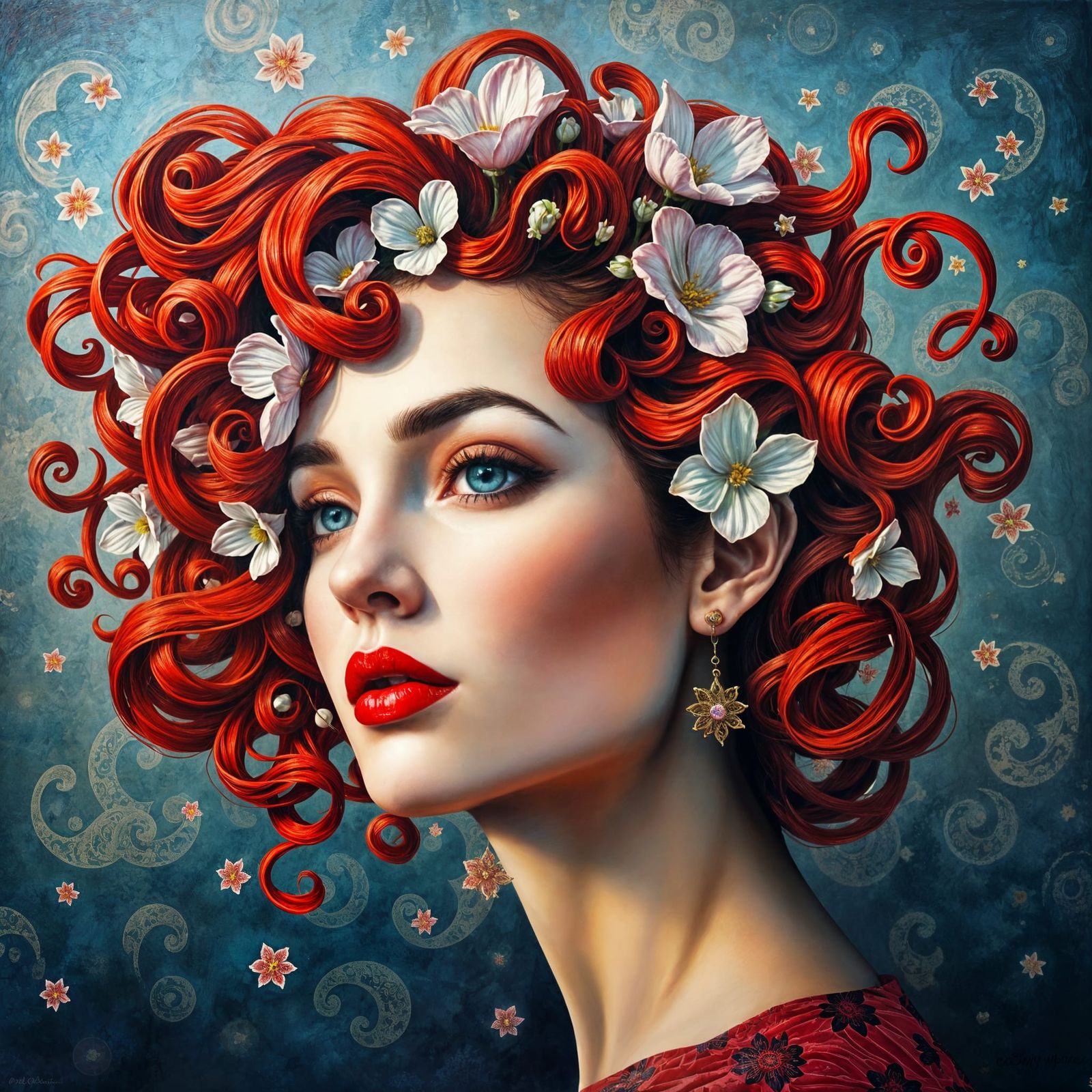 Surreal Portrait of a Woman with Floral Hair in Impasto Styl...