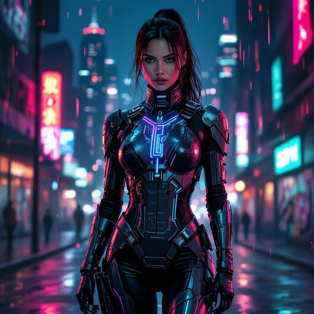Cyberpunk Woman in Neon Cityscape