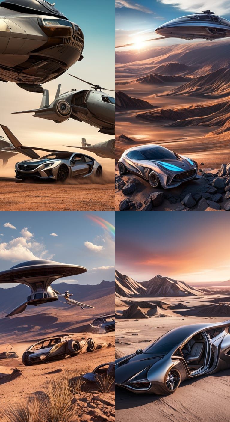 Wrecked Car in Volcanic Desert with Alien Helicopters