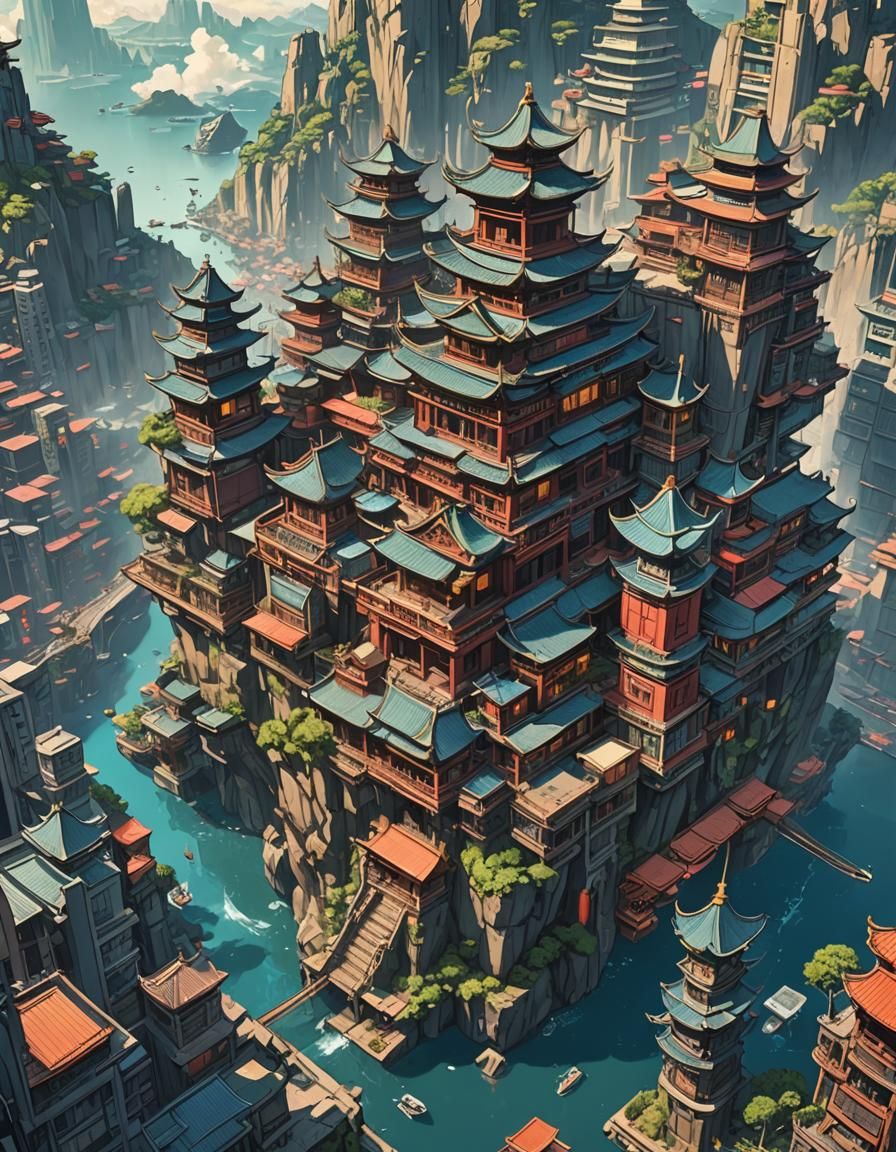 Floating Kowloon City in Anime Style