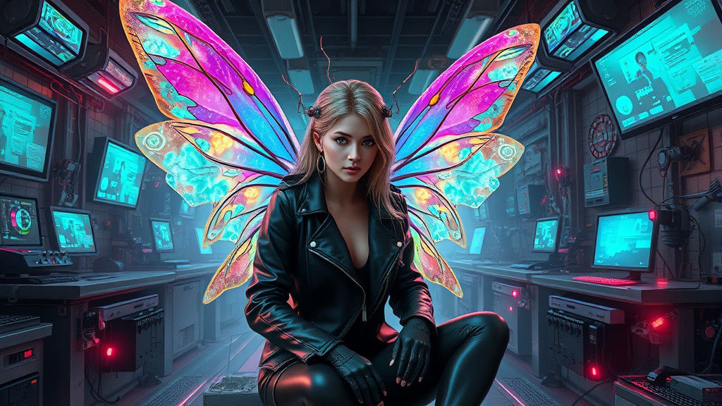 Cyberpunk Fairy Hacker in High-Tech Lab
