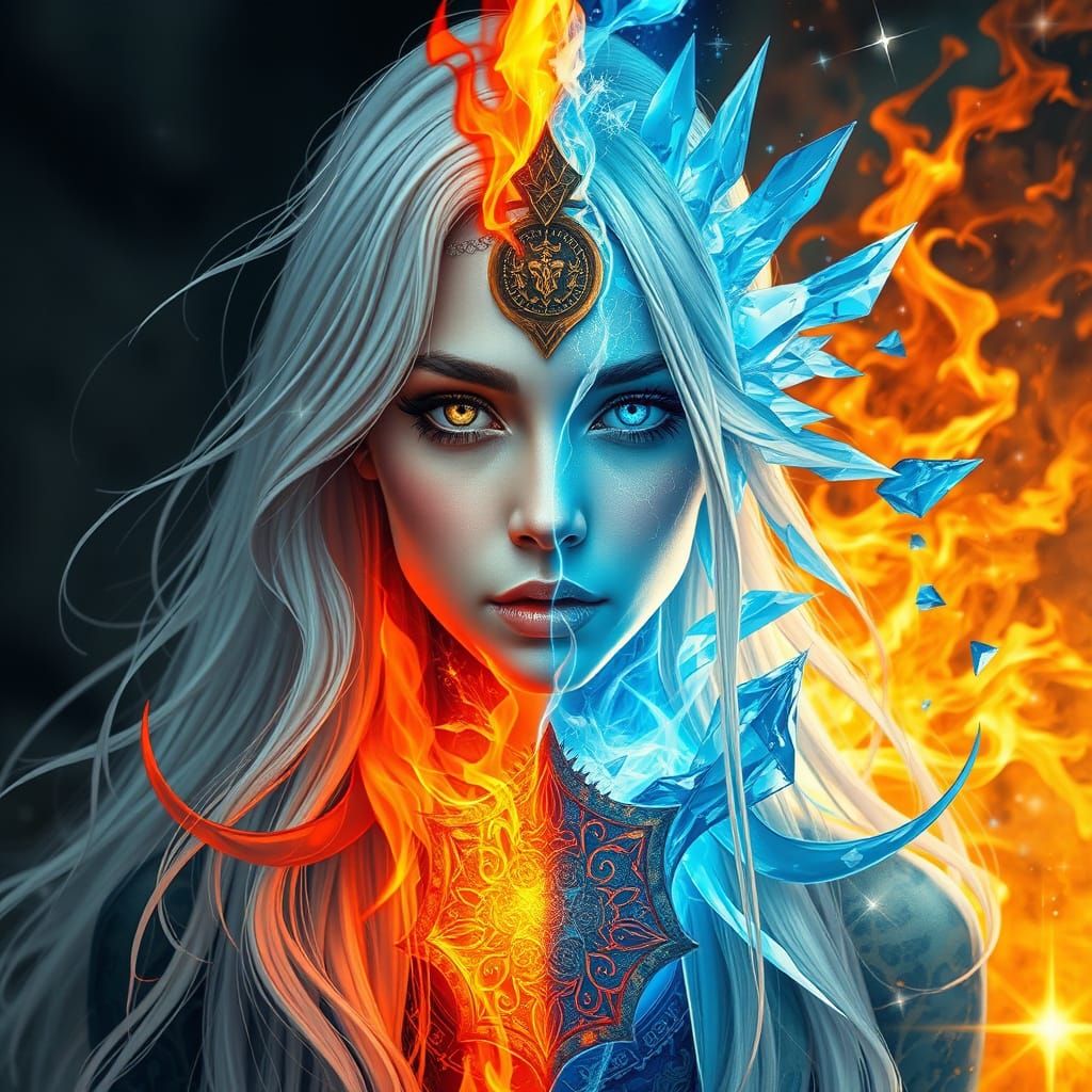Fiery and Icy Woman in Digital Art Style