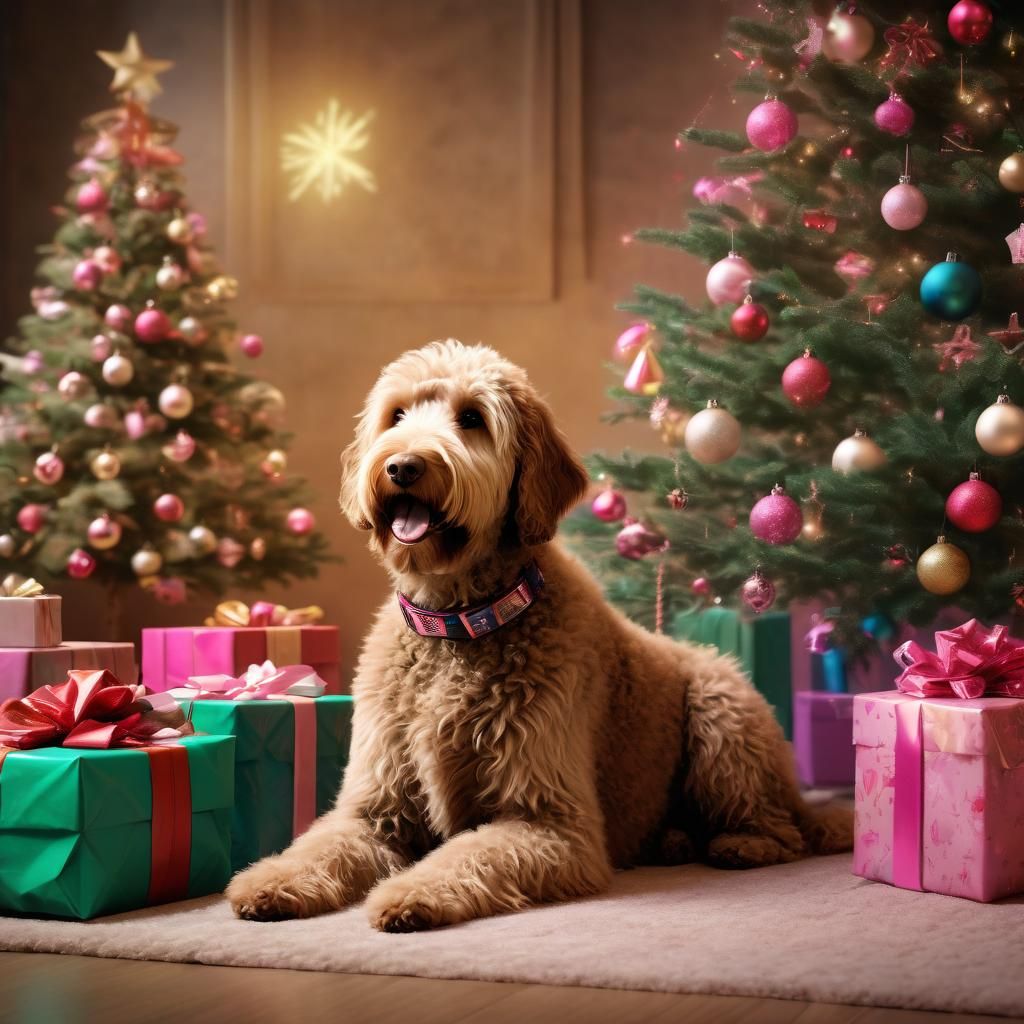Tan Labradoodle Celebrates Christmas: 3D Digital Art